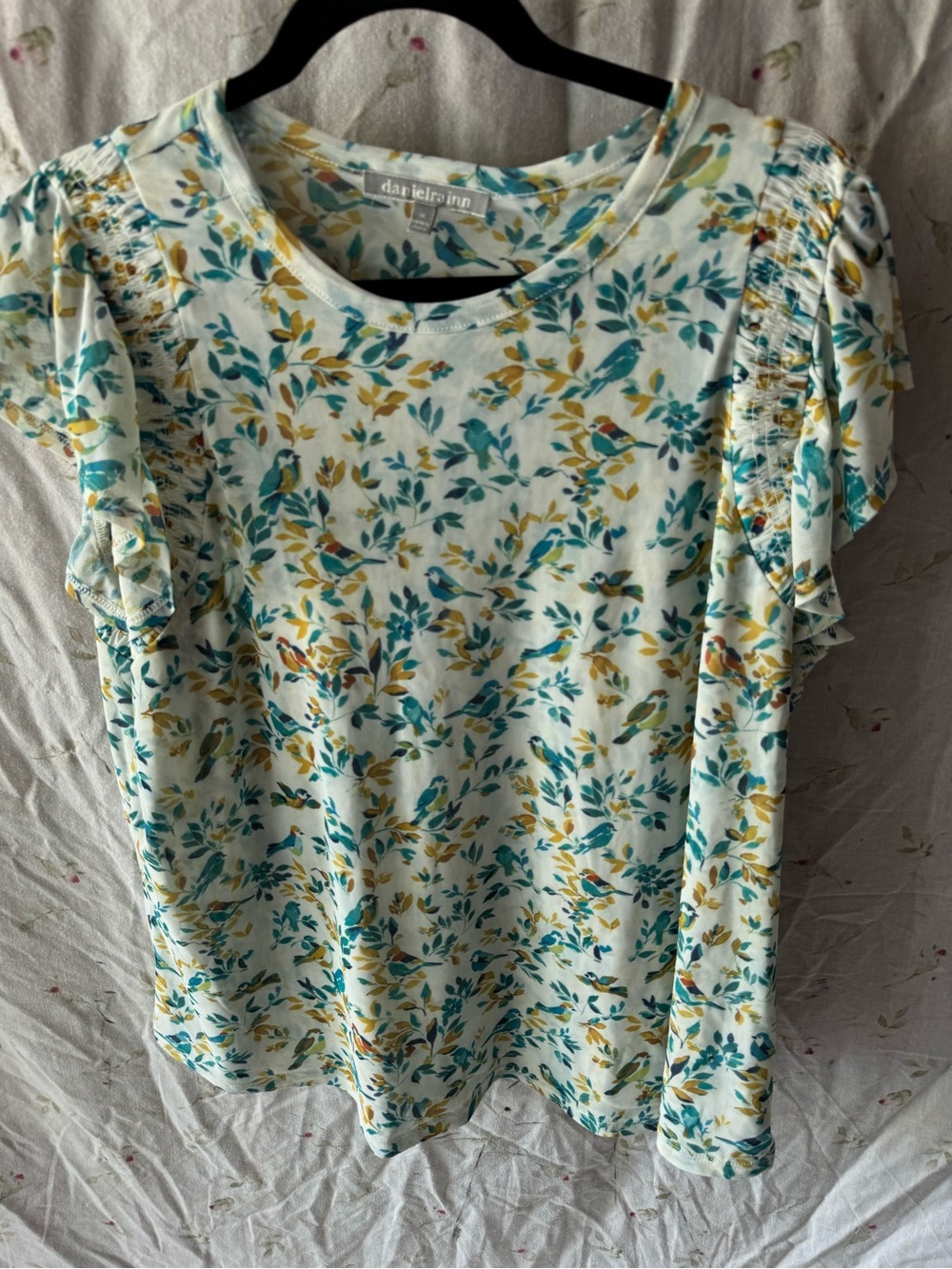 Daniel Rainn Teal & Mustard Floral Ruffle Sleeve Tee
